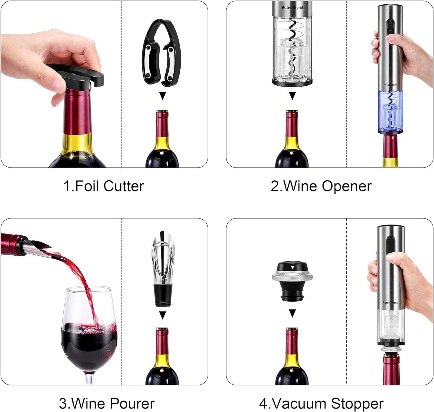 Conjunto de Abridor de Vinho Elétrico com Preservador a Vácuo, Saca-rolhas Automático, Cortador de Lacre, Base de Carregamento, Até 30 Garrafas por Carga