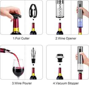 Conjunto de Abridor de Vinho Elétrico com Preservador a Vácuo, Saca-rolhas Automático, Cortador de Lacre, Base de Carregamento, Até 30 Garrafas por Carga