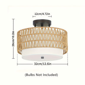 Boho Rattan Ceiling Light | Semi-Flush Mount with Linen Shade