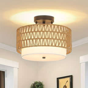 Boho Rattan Ceiling Light | Semi-Flush Mount with Linen Shade