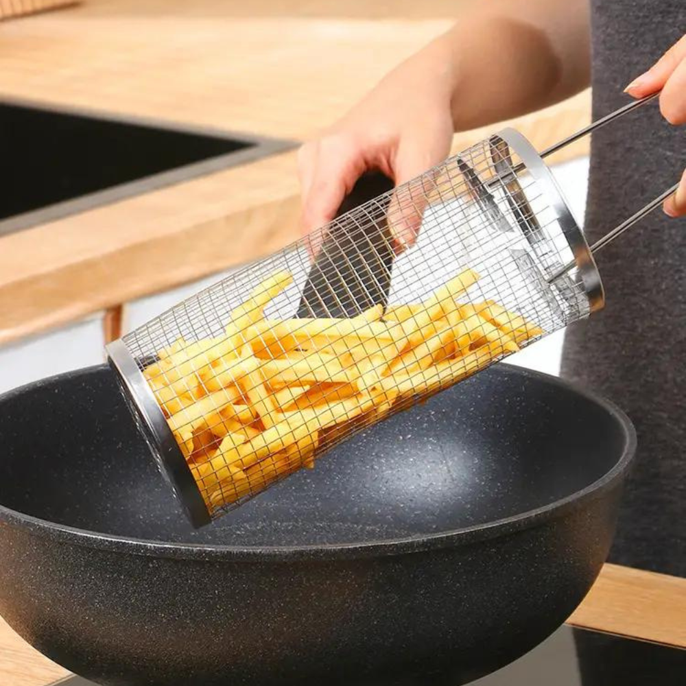 Cesta para Grelhar Churrasco Redonda em Aço Inoxidável