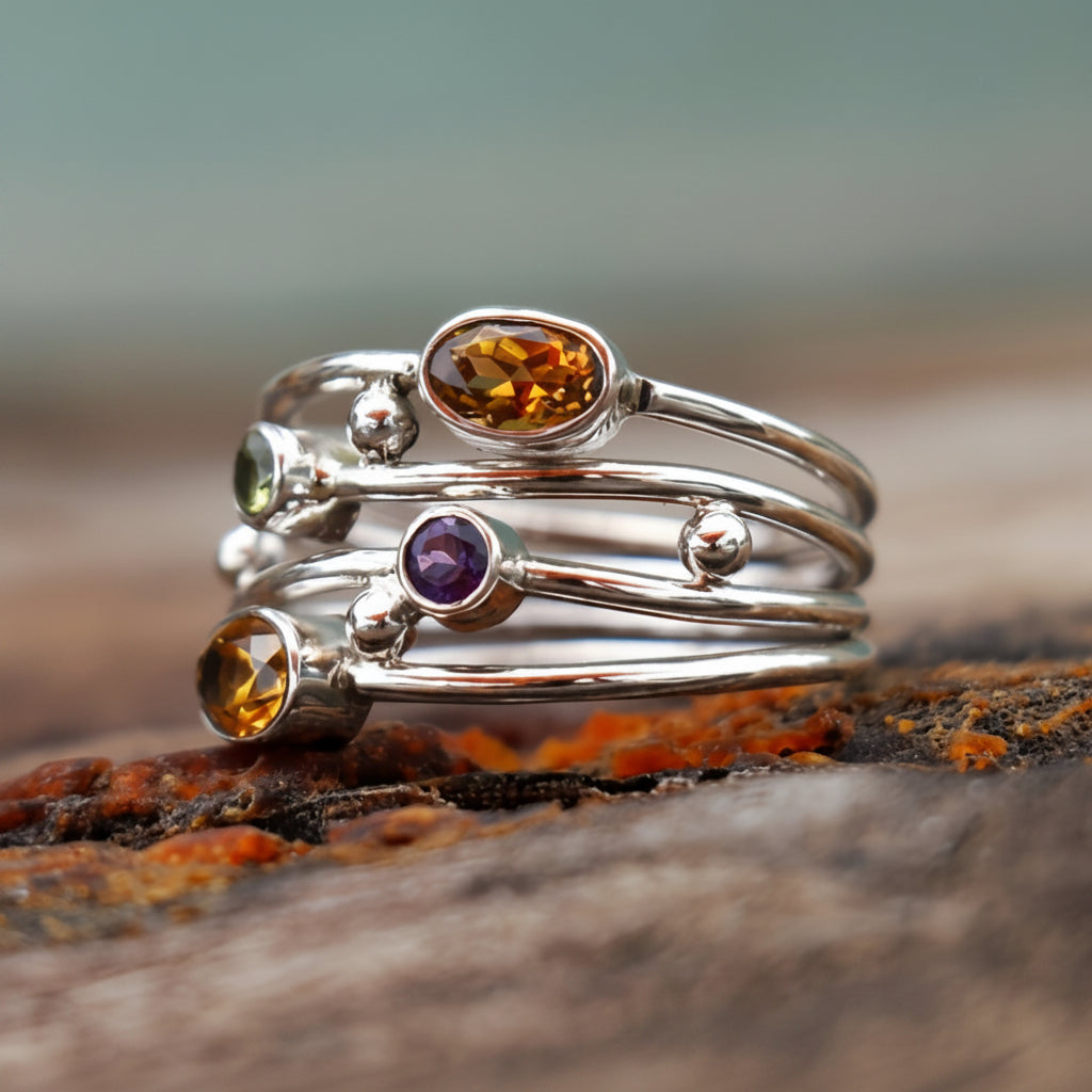 Anel com Pedra do Mês em Prata Ajustável Estilo Boho de Zircônia