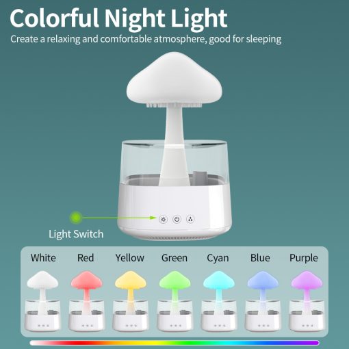 Luminária de Mesa 2 em 1: Umidificador de Nuvem de Chuva, Difusor de Óleo Essencial Zen e Abajur de Cogumelo com Efeito de Chuva