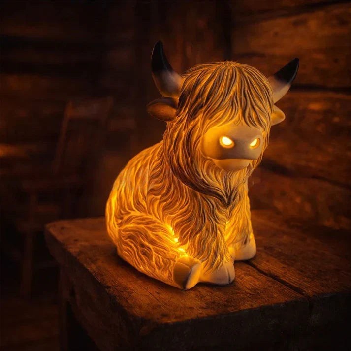Luminária Noturna de Resina de Vaca Highland – Luz Âmbar Acolhedora e Abajur Decorativo