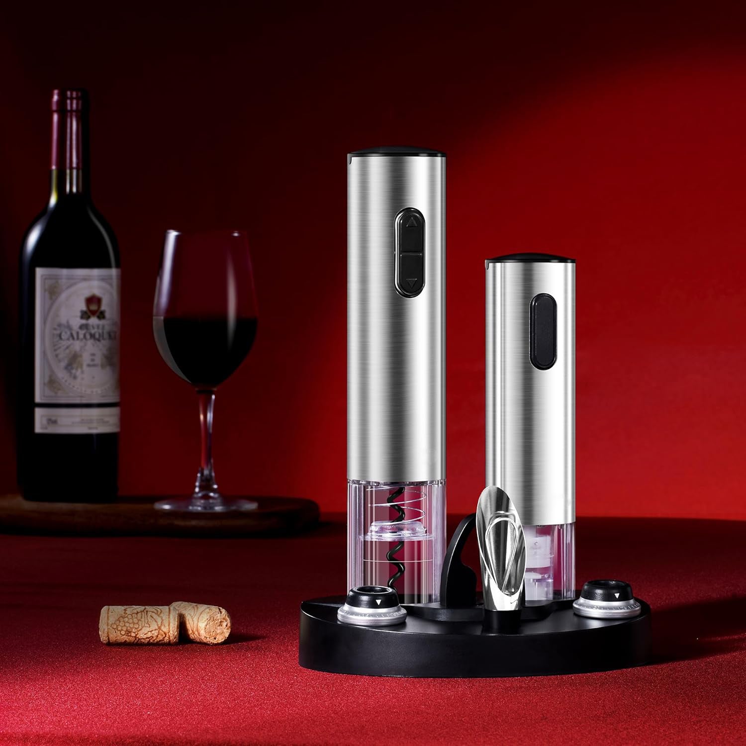 Conjunto de Abridor de Vinho Elétrico com Preservador a Vácuo, Saca-rolhas Automático, Cortador de Lacre, Base de Carregamento, Até 30 Garrafas por Carga
