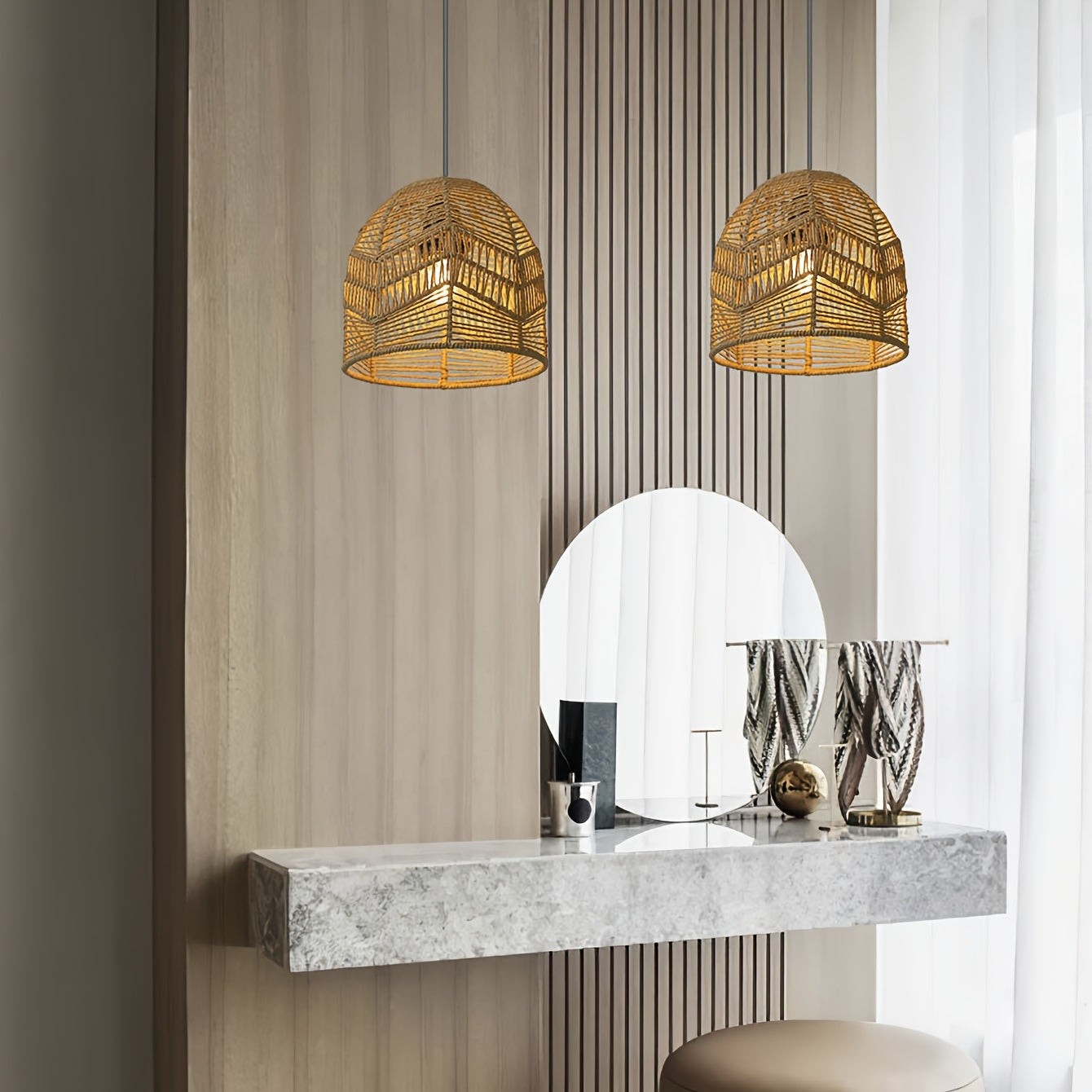 Cúpula de Pendente em Corda Tecida à Mão | Design de Lustre Rústico de Fazenda