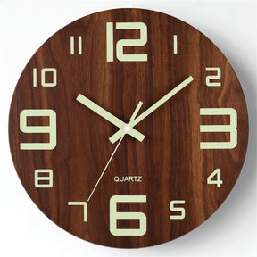 Walnut Luminous Wall Clock | Silent Glow-in-the-Dark Wooden Design