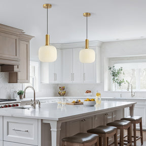 Modern Striped Glass Pendant Light | Brass & Ribbed Glass Shade