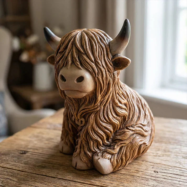 Luminária Noturna de Resina de Vaca Highland – Luz Âmbar Acolhedora e Abajur Decorativo