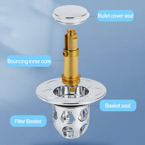 Válvula de Escoamento Pop Up em Aço Inox para Pia de Banheiro com Filtro Anti-entupimento