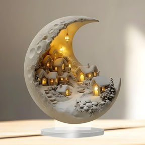 Decoração de Casa Luminária de Lua com Cena de Vilarejo em Acrílico para Mesa