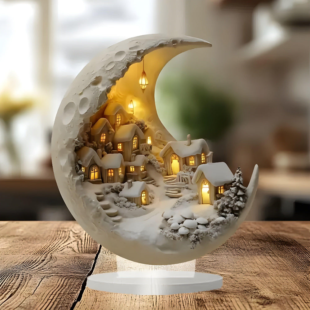 Decoração de Casa Luminária de Lua com Cena de Vilarejo em Acrílico para Mesa