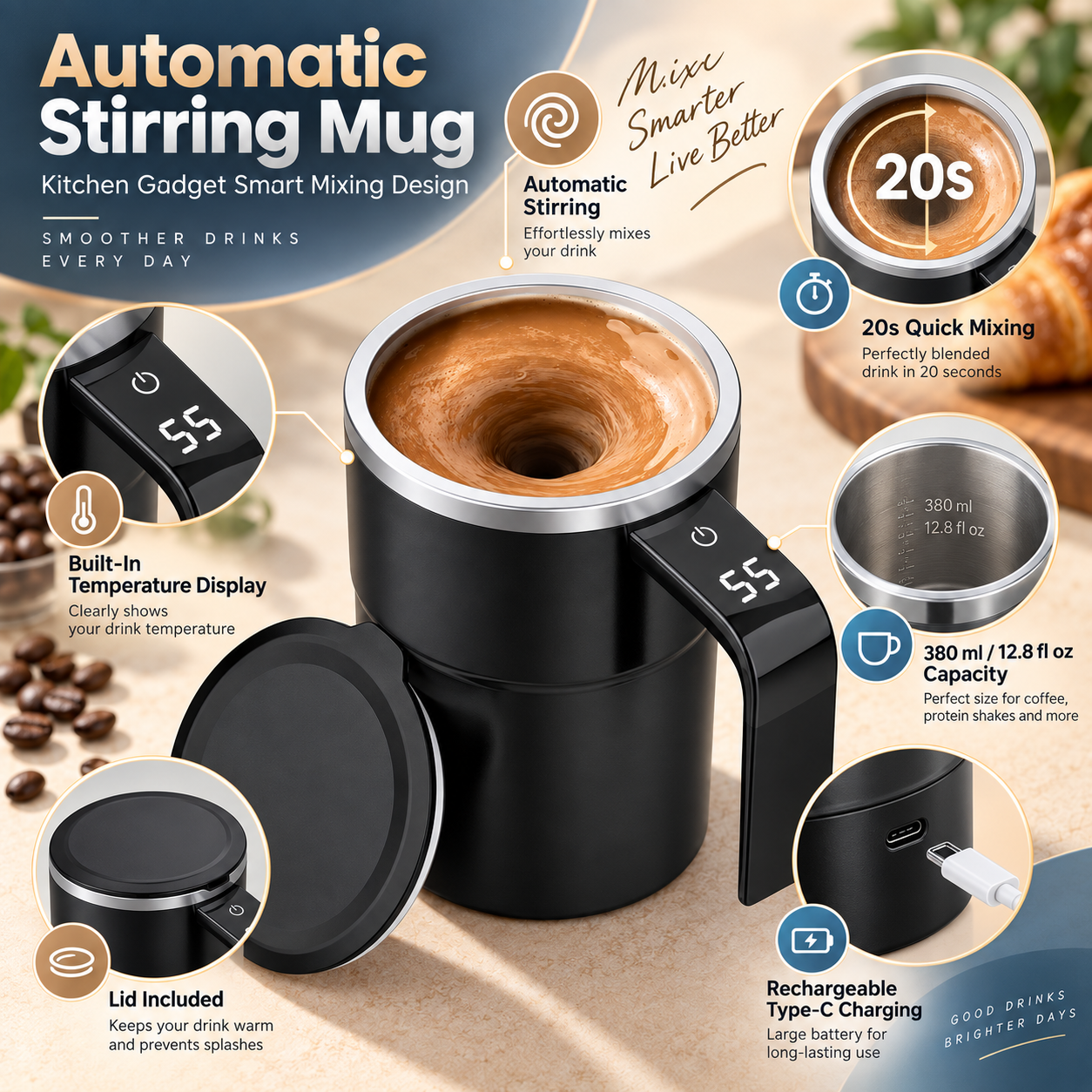 Caneca com Misturador Automático Utensílio de Cozinha Design de Mistura Inteligente