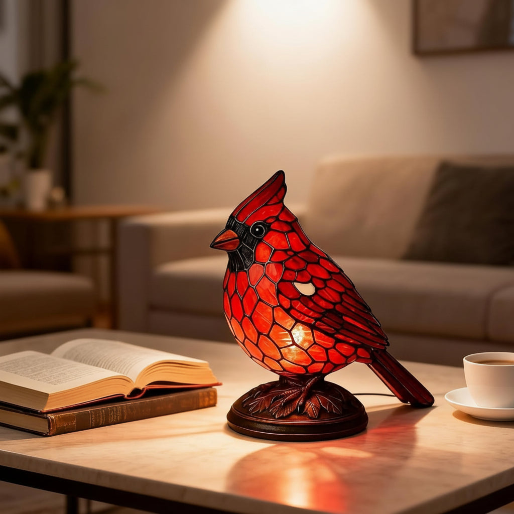 Luminária de Mesa com Pássaro Cardeal Vermelho, Iluminação de Vidro Artístico Alimentada por USB