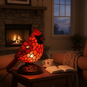 Luminária de Mesa com Pássaro Cardeal Vermelho, Iluminação de Vidro Artístico Alimentada por USB