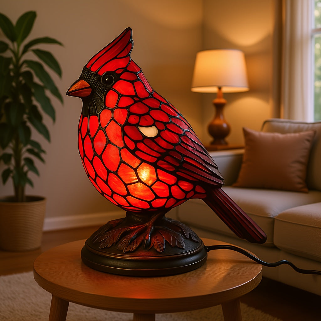 Luminária de Mesa com Pássaro Cardeal Vermelho, Iluminação de Vidro Artístico Alimentada por USB
