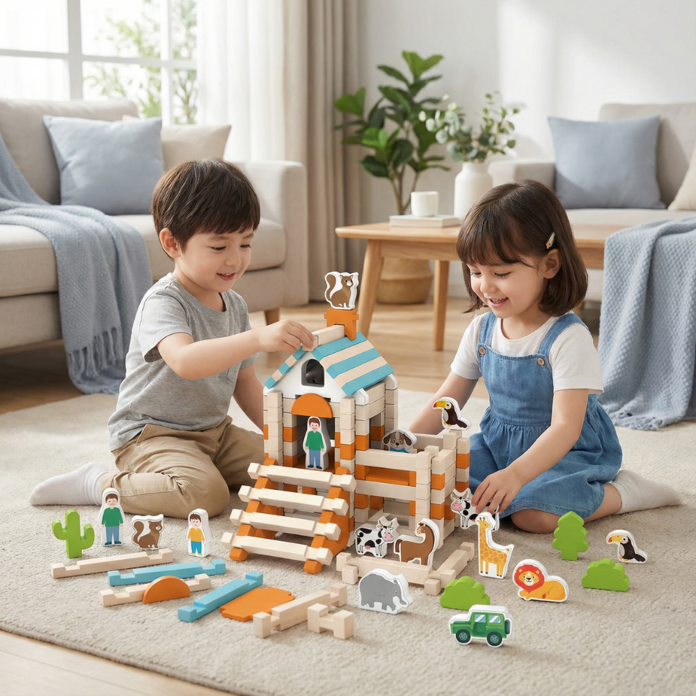 Conjunto de Blocos de Montar de Madeira Montessori para Crianças
