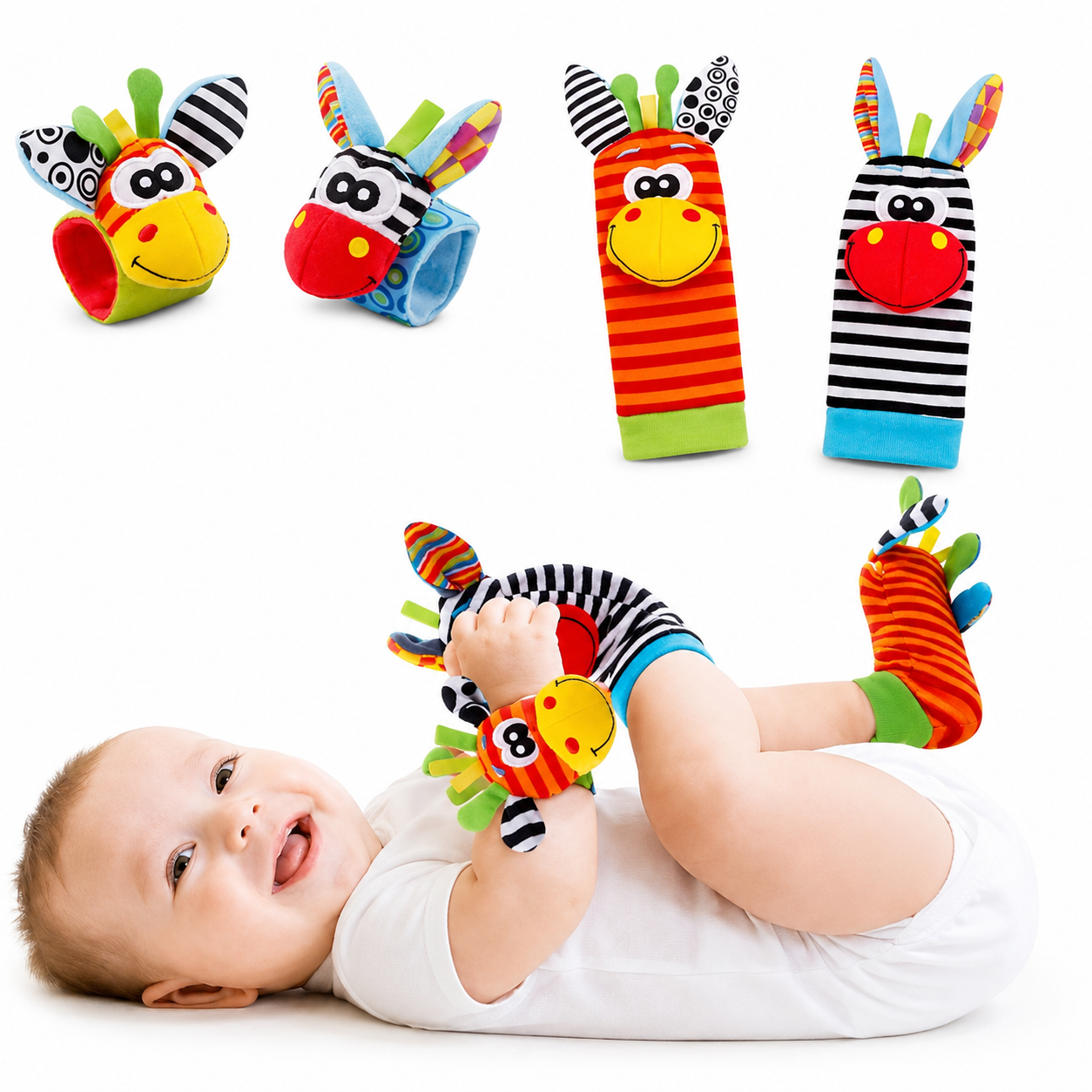 Meias Sensoriais para Bebês e Pulseiras de Pelúcia