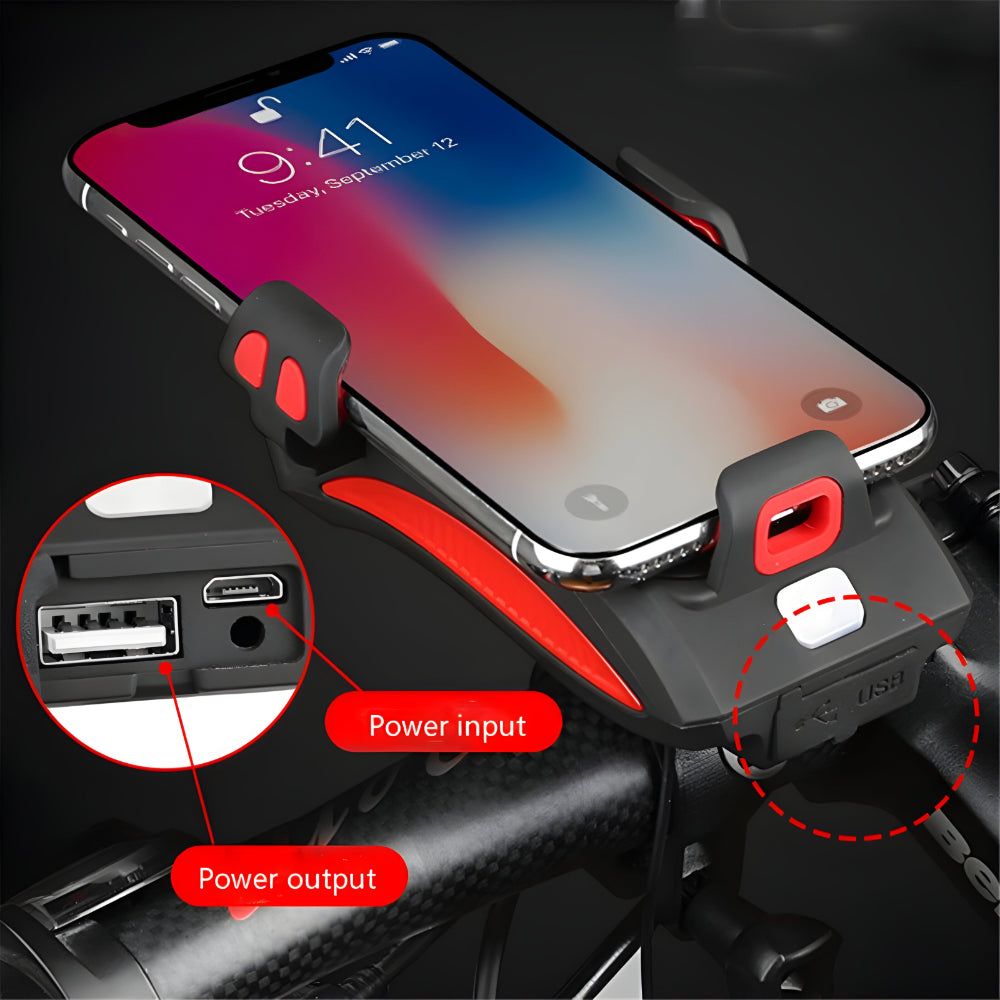 Acessório Combinado de Lanterna, Suporte de Celular e Carregador para Bicicleta