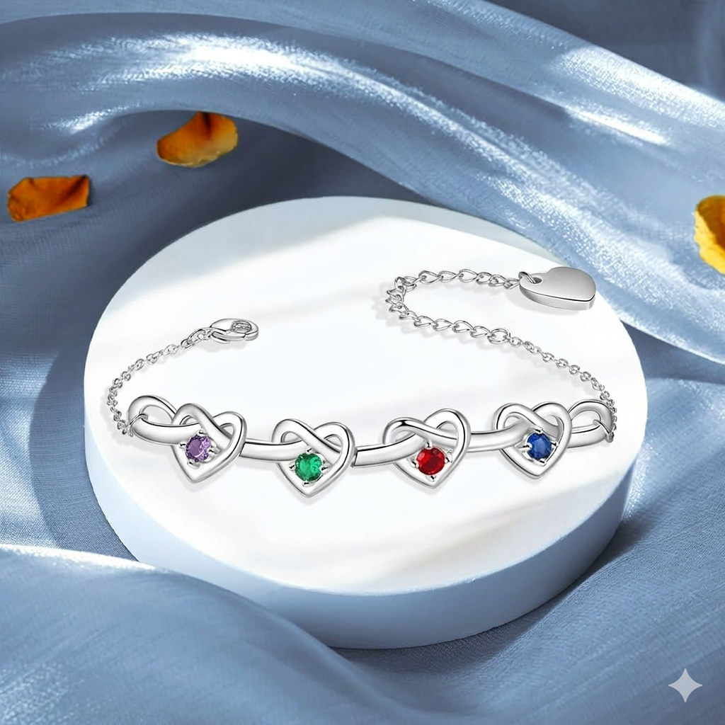 Pulseira de Dia das Mães com Pedra do Mês em Formato de Coração e Corrente Ajustável de Presente