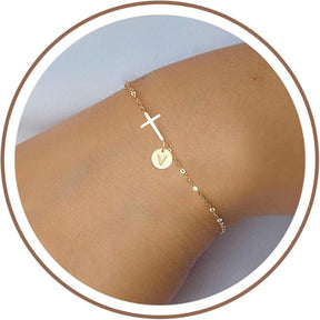 Pulseira de Dia das Mães com Cruz e Inicial, Corrente Ajustável, Presente de Joalheria