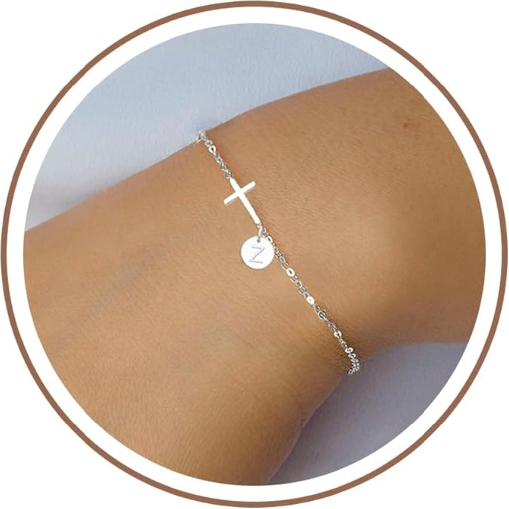 Pulseira de Dia das Mães com Cruz e Inicial, Corrente Ajustável, Presente de Joalheria