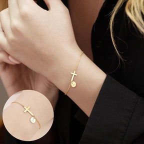 Pulseira de Dia das Mães com Cruz e Inicial, Corrente Ajustável, Presente de Joalheria