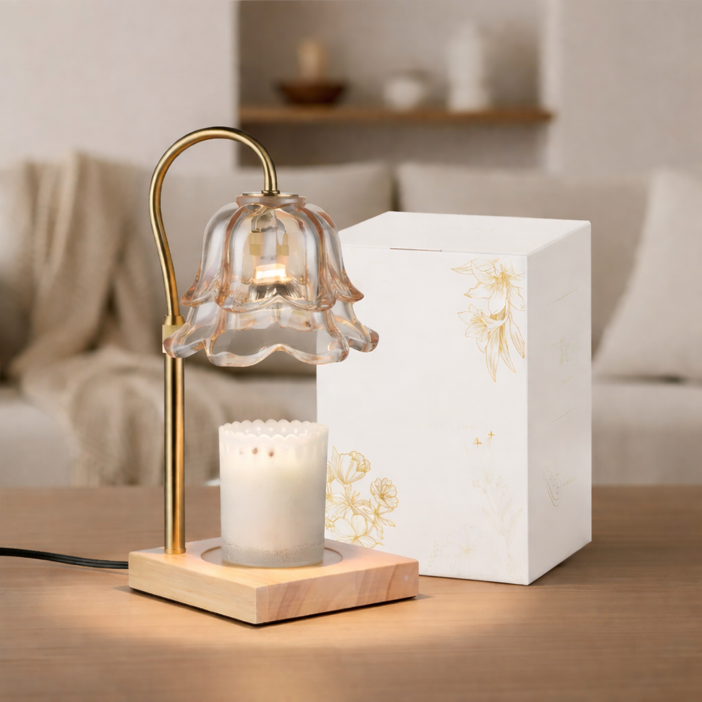 Luminária Aquecedora de Velas de Vidro com Flores Dourada Elétrica para Derretimento de Cera