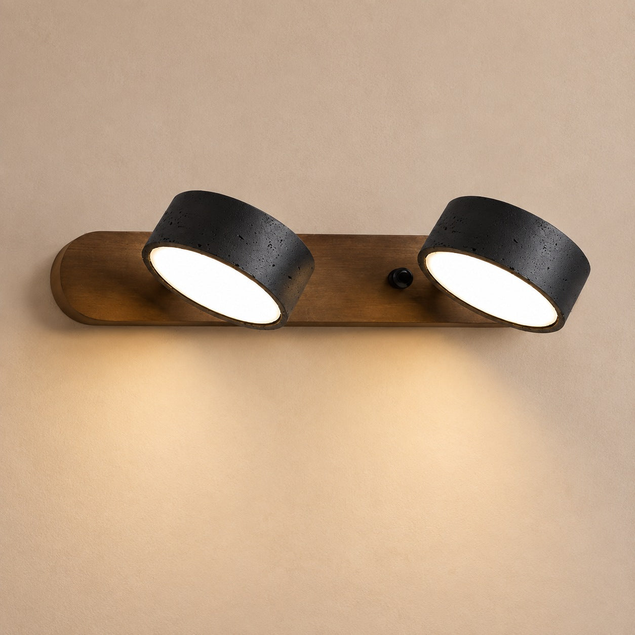 Black Travertine Wall Light – 2-Lights ∅ 12.6″ x H 2.4″, Walnut Color & Black Travertine, Triac Dimmable Warm Light – product