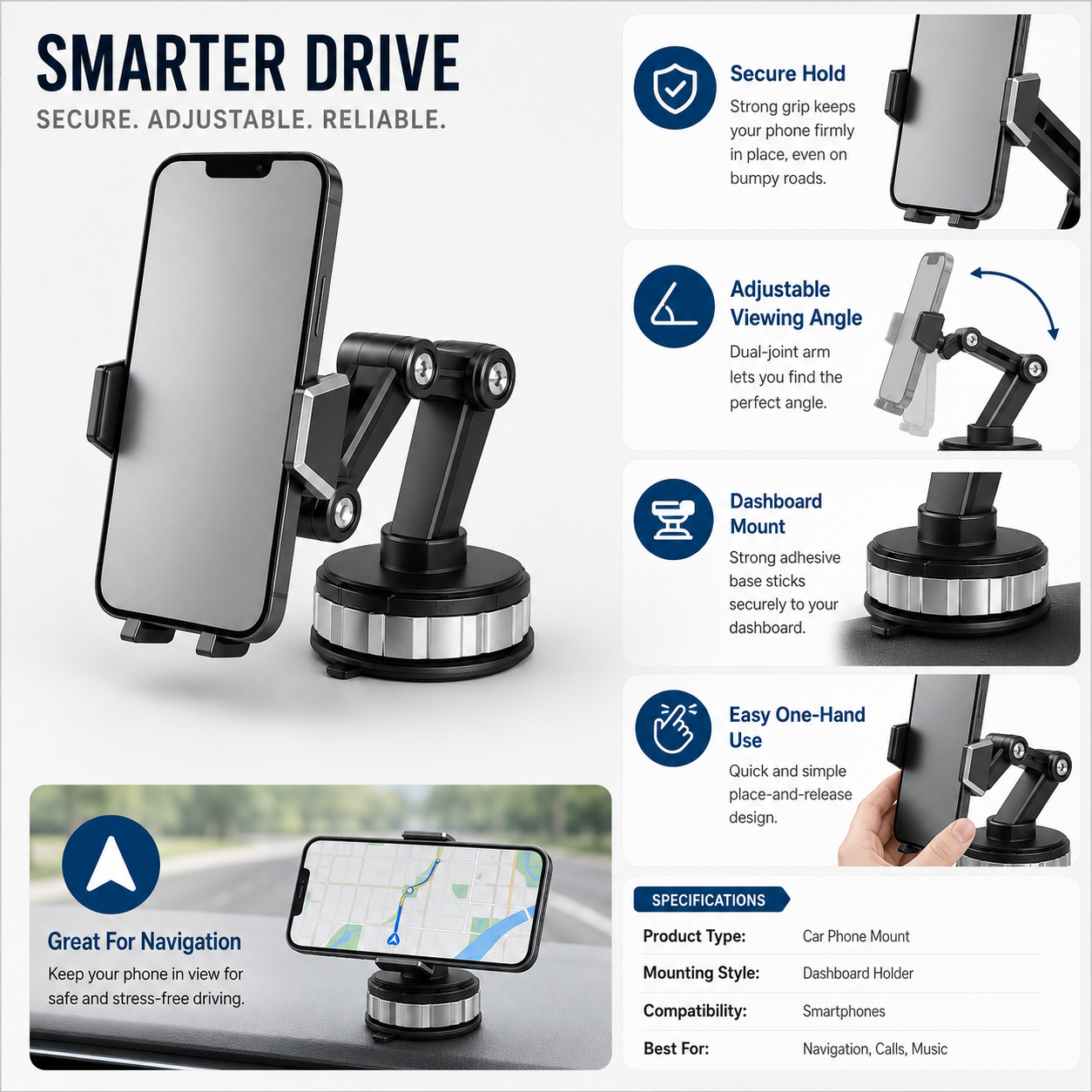 Suporte Veicular para Celular Ajustável com Clipe para Painel ou Saída de Ar