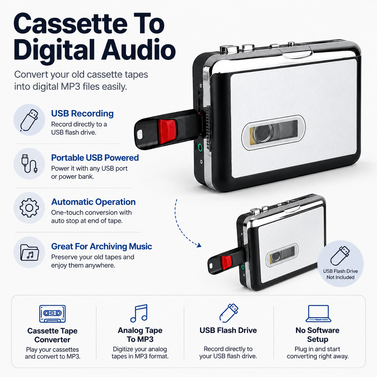 Conversor de Fitas Cassete USB Portátil Automático