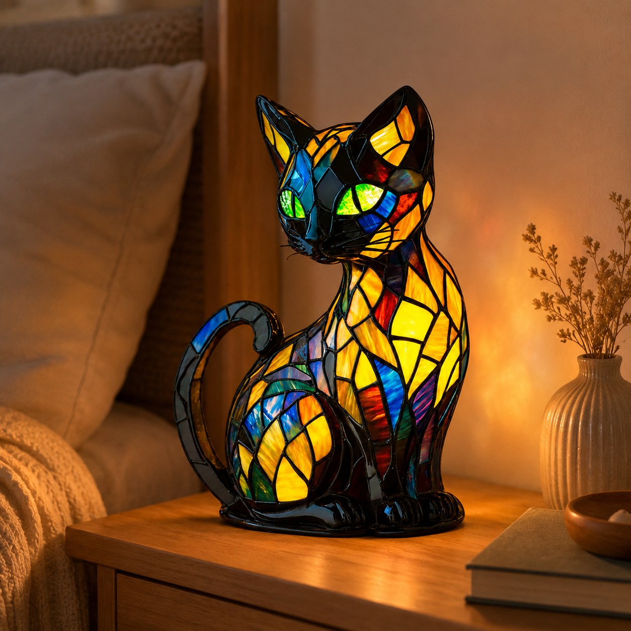 Luminária de Gato em Vitral com Base Curva Exclusiva