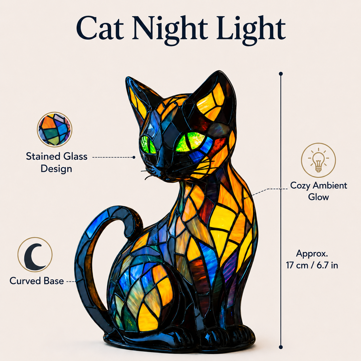 Luminária de Gato em Vitral com Base Curva Exclusiva