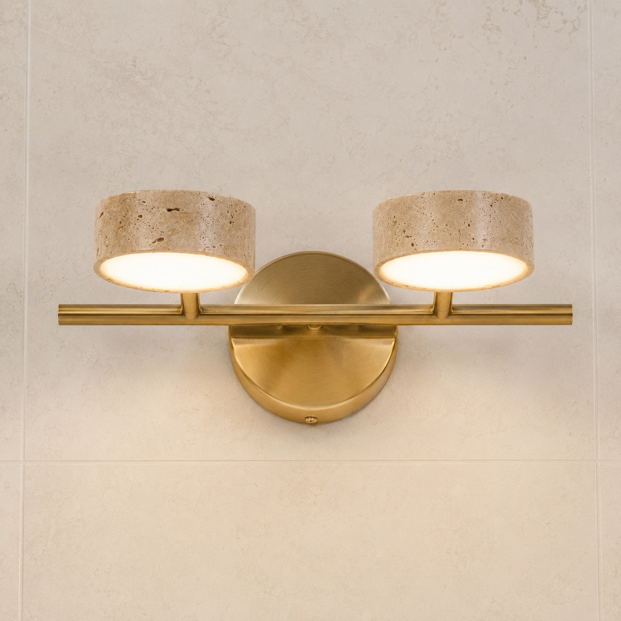 Travertine Vanity Light – 2-Lights ∅ 12.6″ x H 1.6″, Yellow Travertine & Copper, Triac Warm Dimming – product image 11