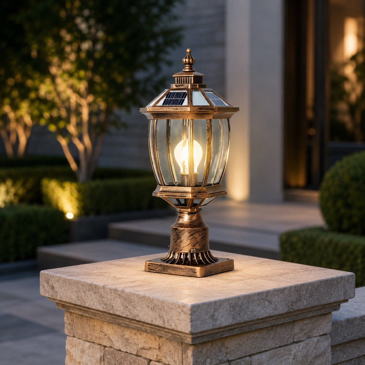 Outdoor pillar light with aluminum frame and glass shade – Solar, Bent Octagon, Bronze – image 11