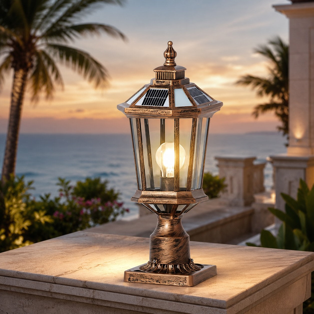 Outdoor pillar light with aluminum frame and glass shade – Solar, Straight octagonal, Bronze – image 9