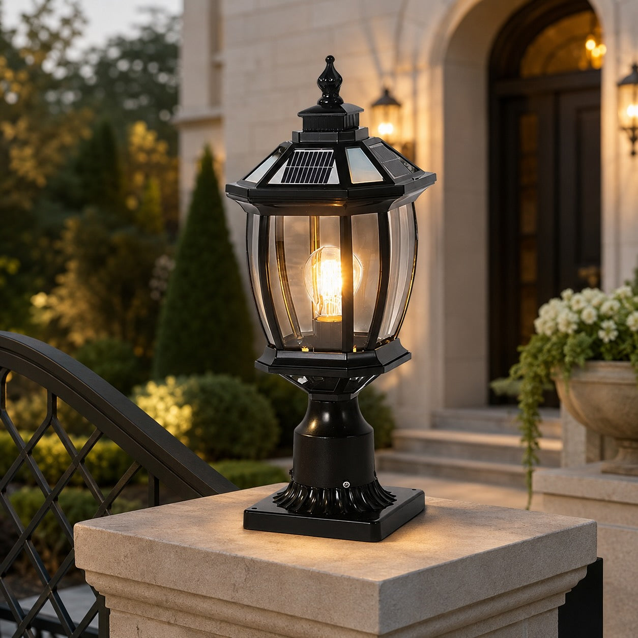 Outdoor pillar light with aluminum frame and glass shade – Solar, Bent Octagon, Black – image 10