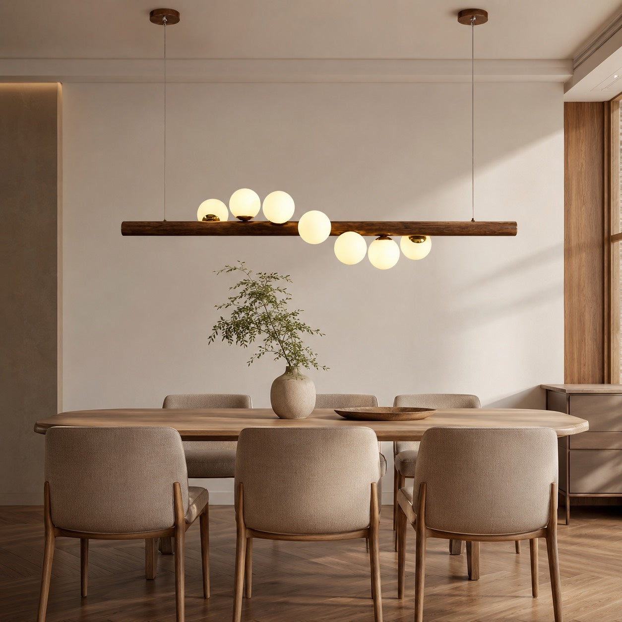 Walnut Globe Linear Chandelier – Large Horizontal | (7 Balls), RC Changeable – pendant light image 13