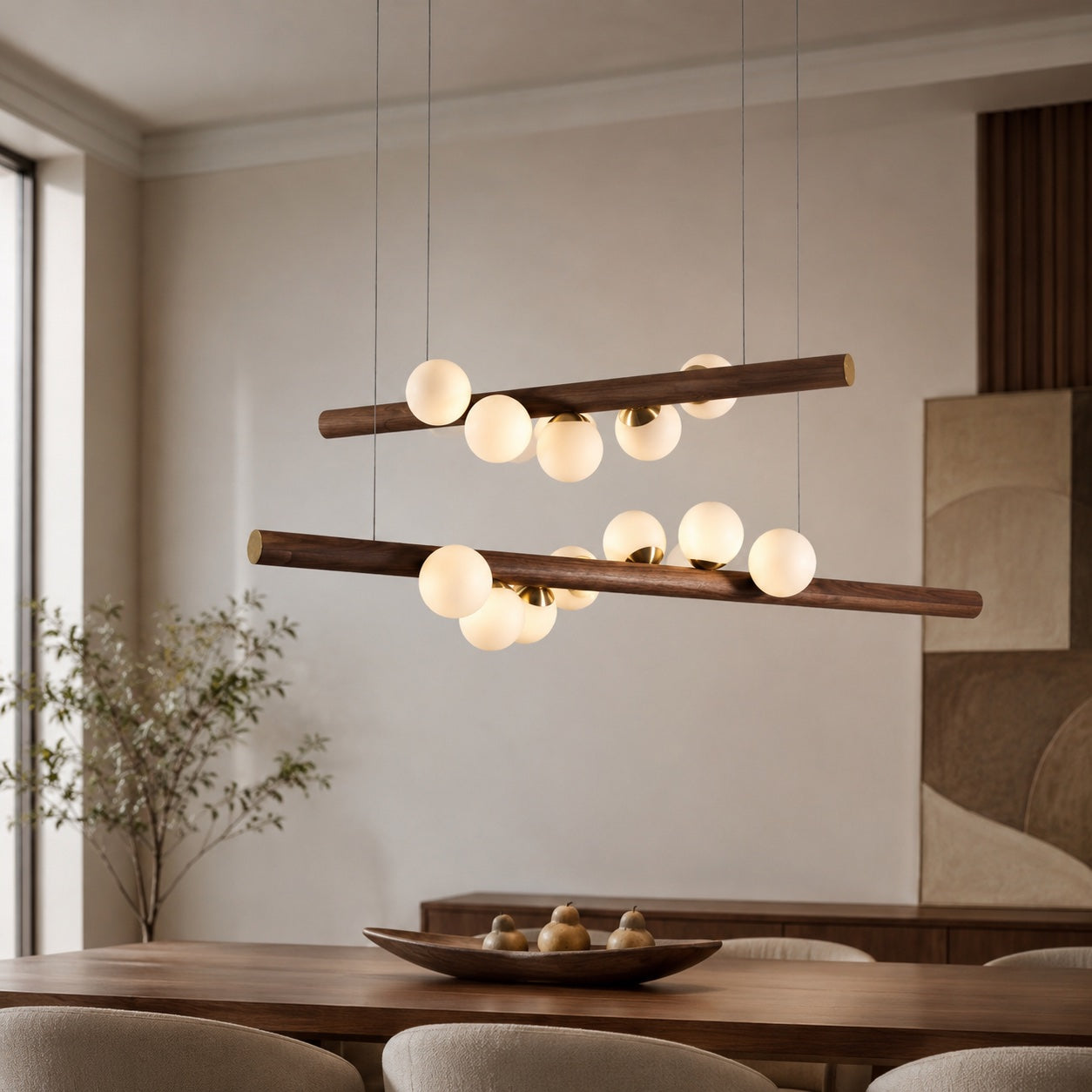 Walnut Globe Linear Chandelier – Small Horizontal | 5 Balls, RC Changeable – pendant light image 9