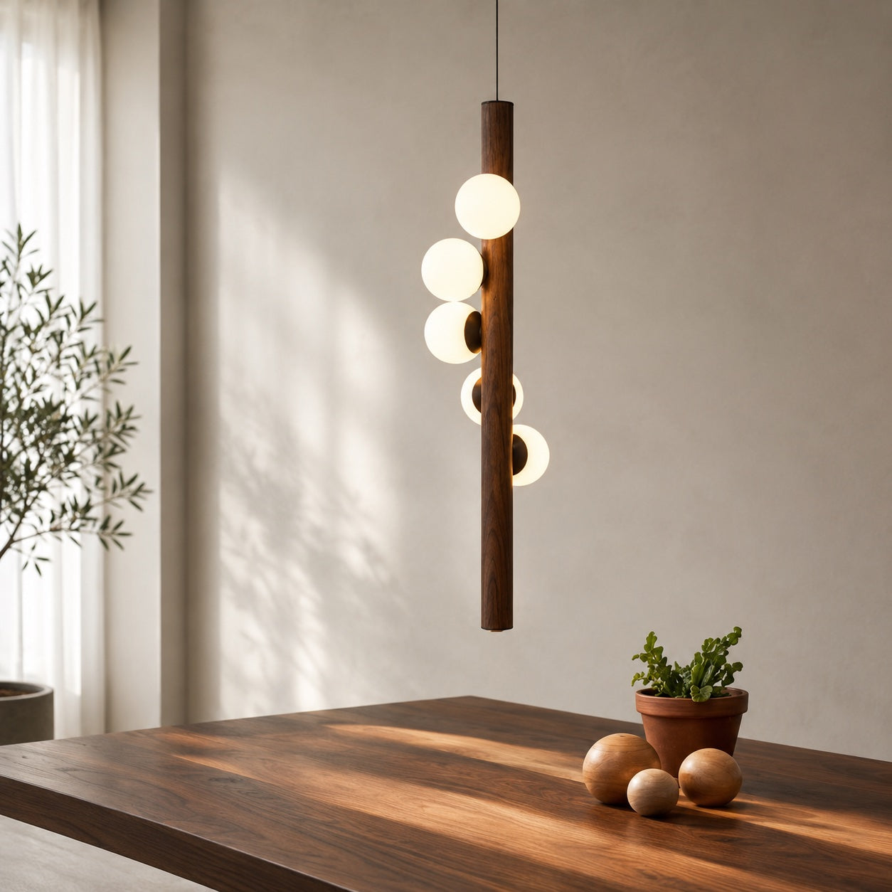 Walnut Globe Linear Chandelier – Small Vertical | 5 Balls, RC Changeable – pendant light image 11
