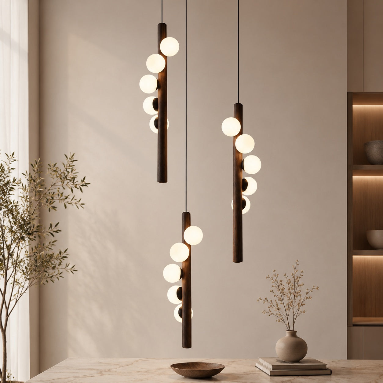 Walnut Globe Linear Chandelier – Large Vertical | (7 Balls), RC Changeable – pendant light image 15