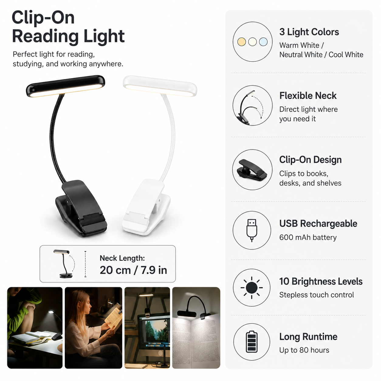 Luminária de Leitura com Clip LED Recarregável via USB e Haste Flexível