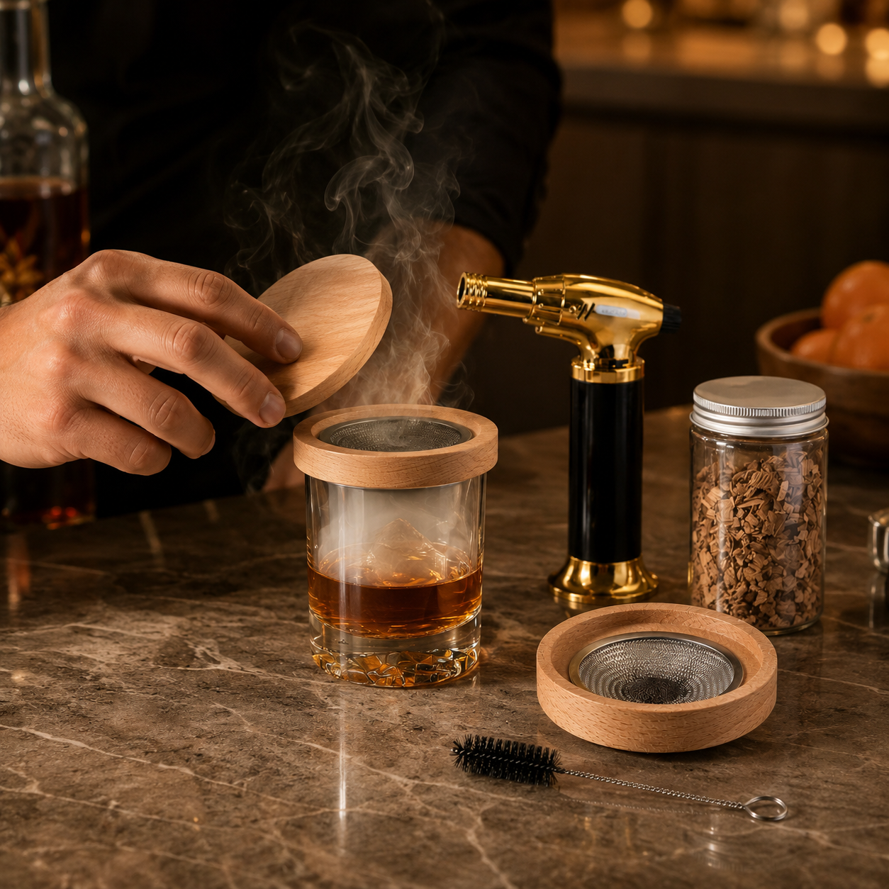 Kit Defumador de Coquetéis com Maçarico e Lascas de Madeira para Bar em Casa