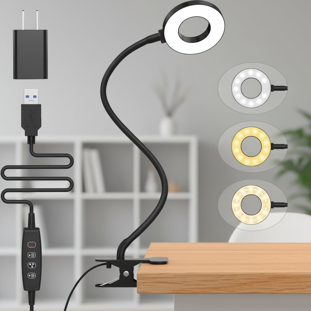 Luminária de Mesa com Clipe LED Flexível, Luz de Leitura com 3 Modos de Cor