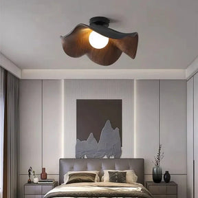 Scandinavian Wooden Lotus Ceiling Light | Resin & Iron Modern Flush Lamp