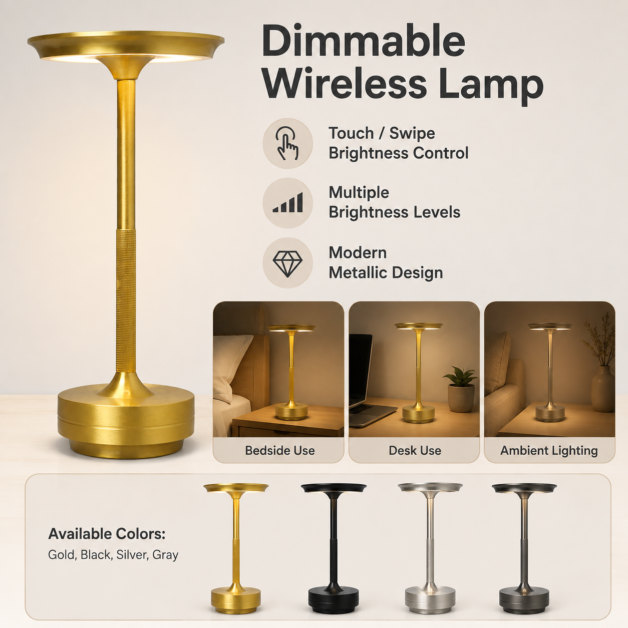 Luminária de Mesa Metálica Sem Fio com Intensidade Regulável e Design Moderno