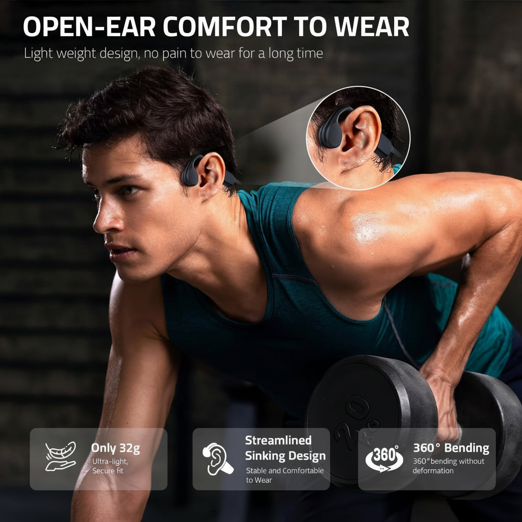 Fones de ouvido esportivos de condução óssea sem fio com carregamento USB e design open-ear