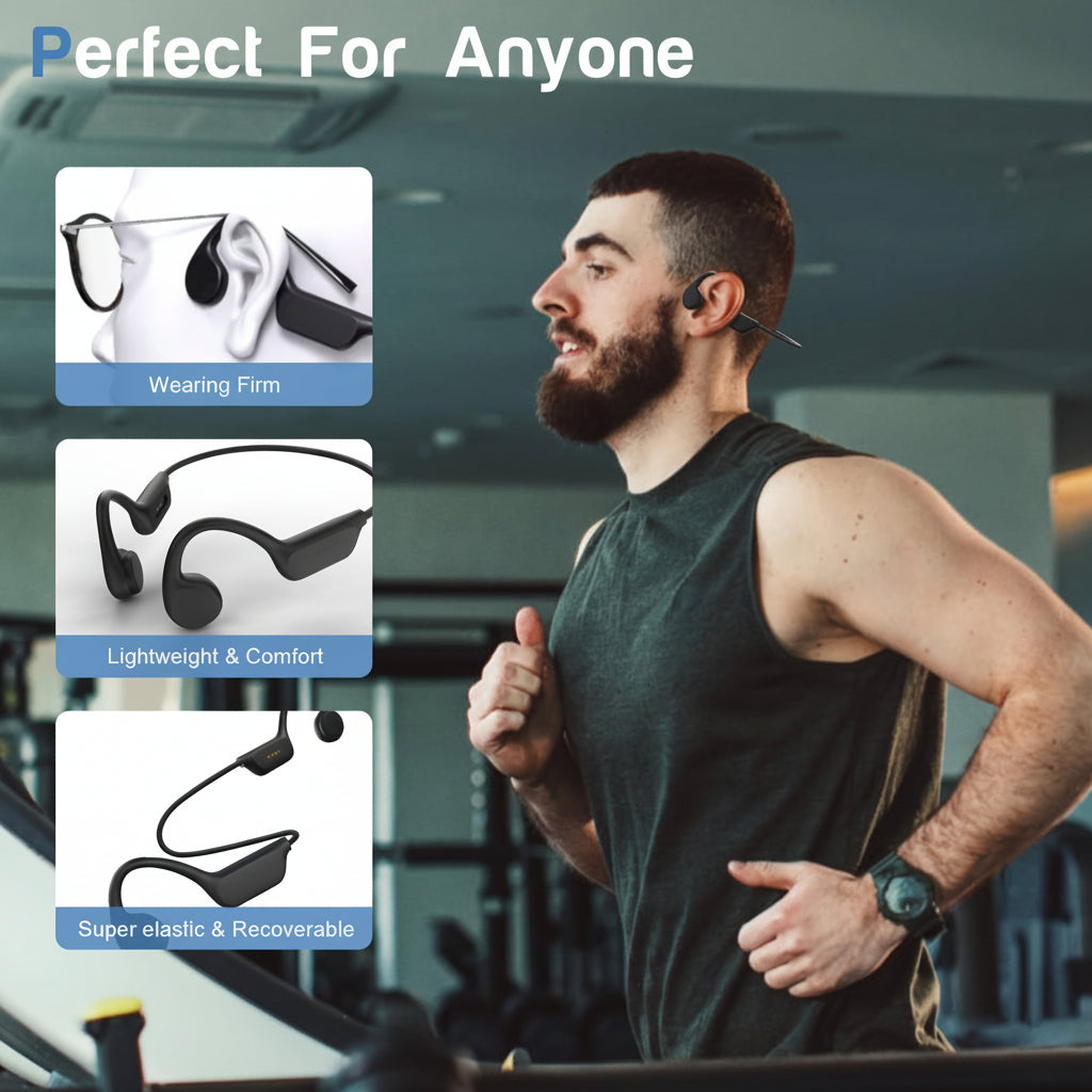 Fones de ouvido esportivos de condução óssea sem fio com carregamento USB e design open-ear