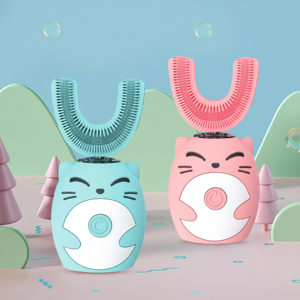 Escova de Dente Elétrica Infantil Sônica de Silicone em Formato U Automática