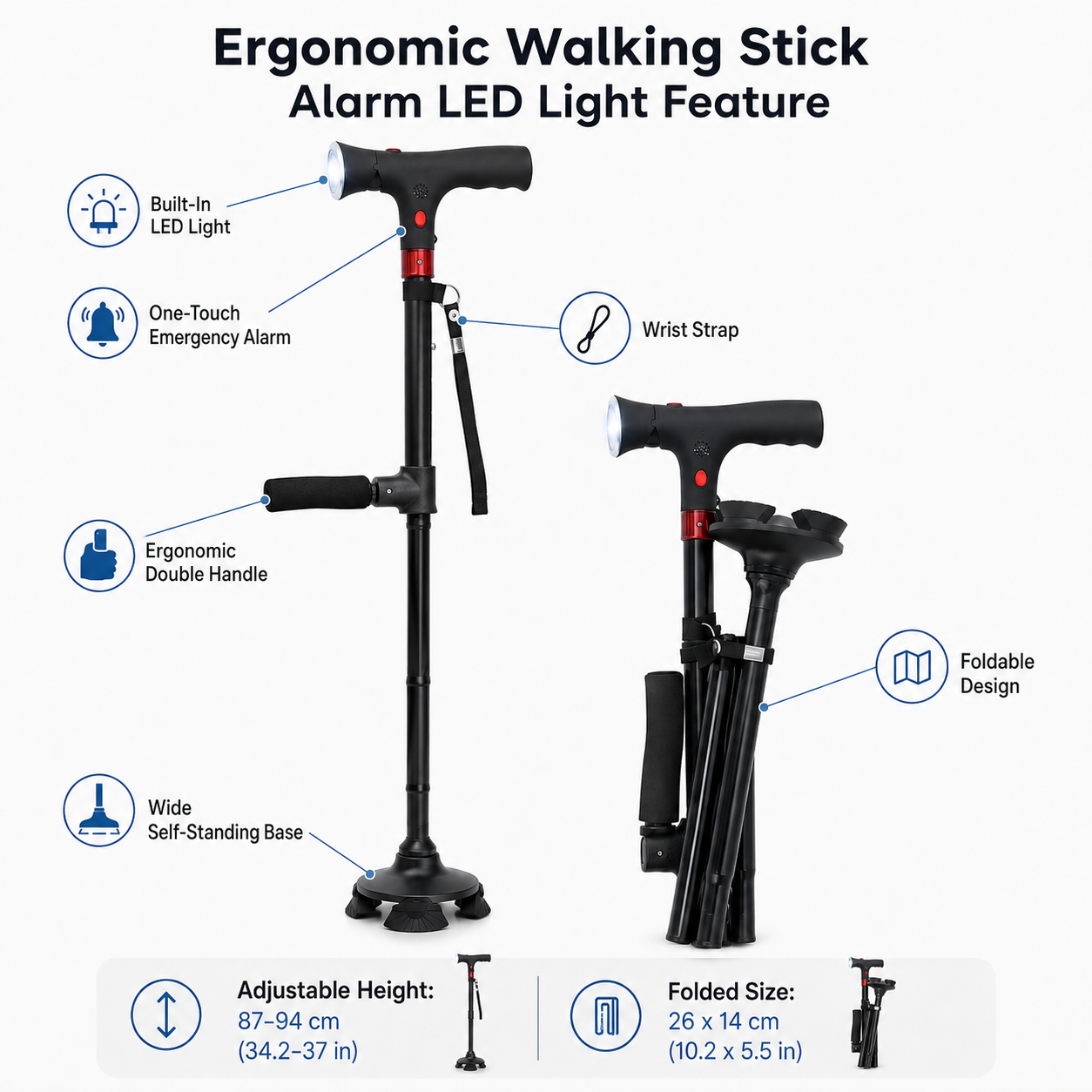 Ergonomic Walking Stick Alarm LED Light Feature
